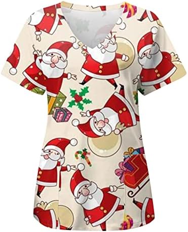 Божиќни Кошули За Жени Обични Работни Униформи За Печатење Божиќни Џебни Блузи Со Туника Со Кратки Ракави