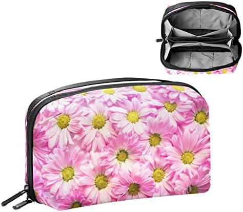 Торба За шминка Патент Торбичка За Патување Козметички Организатор За Жени И Девојки, Розови Маргаритки Цвеќиња Романтични