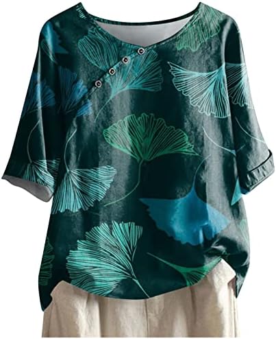 Женски летни обични кошули трендовски цветно копче за печатење, маица, околу вратот, половина ракави блуза лабава вклопување врвови