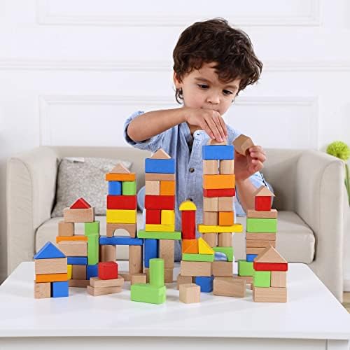 Пидоко Деца Дрвени Блокови - 100 Парчиња - Градежни Блокови За Мали Деца-Вклучува Контејнер За Складирање Со Облик Сортирач Врвот-Дрвени