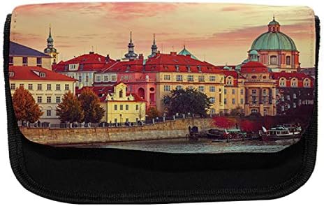 Необичен случај на молив за скитници, есен зајдисонце во Прага, торба со молив со ткаенини со двоен патент, 8,5 x 5,5, праска Руби