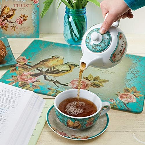 Керамички чајник постави доверба во Господ Изреки 3: 5 чај од птици и цвеќиња за еден сет со чаша чај и чинија за жени