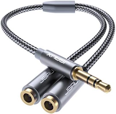 Сплитер за слушалки на JSaux 4FT, аудио сплитер 3,5 mm машки TRS до 2 двојни 3,5 mm женски адаптер најлон-плетен стерео y раздвојувач