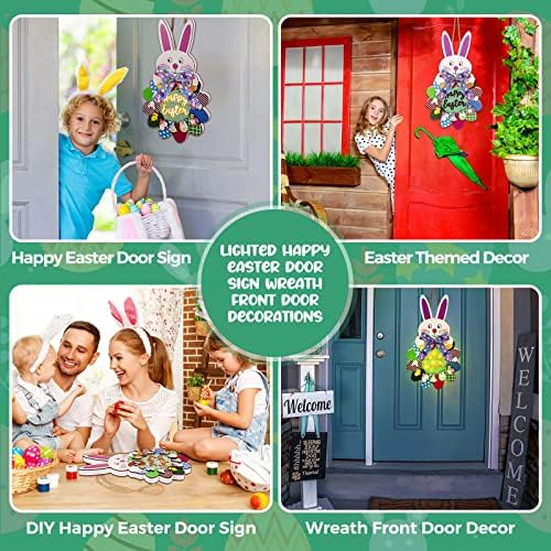 Велигденски украси за влезна врата, 18 инчи осветлен среќен велигденски зајаче дрвен Велигденски пролет добредојде на добредојде