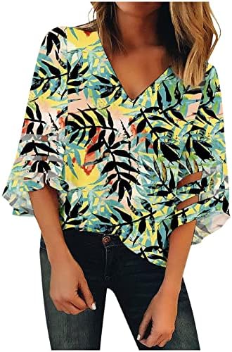 Comigeewa блок во боја кошули тинејџерски девојки 3/4 bellвонче v лажичка вратот спандекс плажа Исечени хавајски мрежни блузи кошули