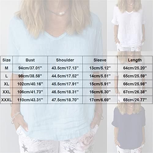 Кошули со постелнина Здфер за жени О вратот цврста блуза врвови женски летен летен случај со кратки ракави маица плус големина