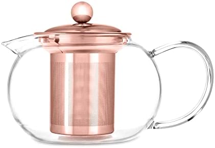 Розово стакло чајник со бонбони со капа на розово злато, не'рѓосувачки челик отстранлив лабав лисја на инфузер, 28 мл сет од 1