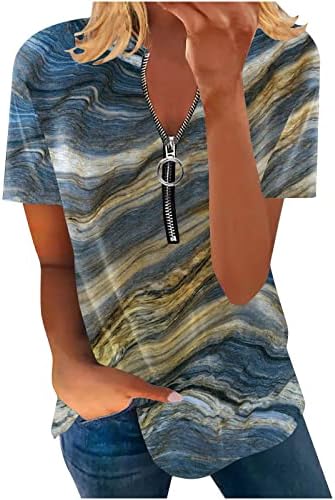 Womenените секси патент В-врат на вратот Трендовски маички со мермер печатење Обични блузи со кратки ракави лето лабава вклопена туника врв