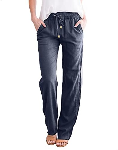 Женски памучни постелнини панталони летни обични еластични панталони со цврста боја со високи половини со права нога удобни панталони