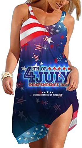 Хоксин 4 јули Летни Сарафани За Жени Секојдневен Фустан На Бохо Плажа Знаме На САД Ѕвезди Со Пруги Печатење Резервоар Без Ракави Мини