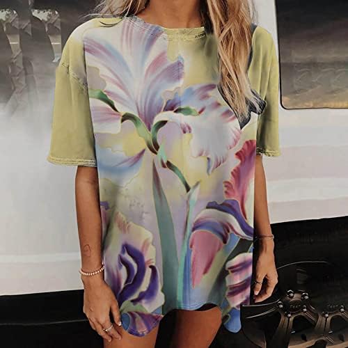 Womenените трендовски кошула гроздобер графички мета лето лето-обична цветна печатена блуза кратки ракави екипаж на преголема маица врв