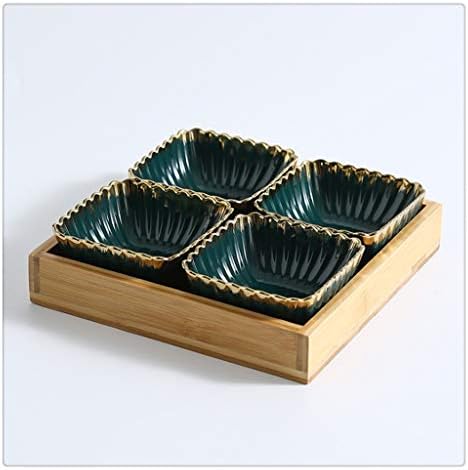 XJJZS Зелен златен раб Керамички сад плодови чинија креативно порцелански закуски закуска чинија природна бамбус за сервисирање на таблички