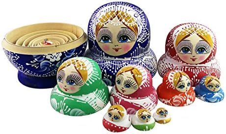 Сет од 10 парчиња симпатична шарена сина порцеланска шема голема форма на стомак рачно изработена дрвена руска гнезда кукли Матриошка кукли