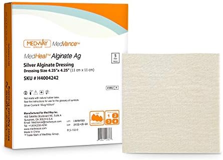 Медхеал сребрен калциум алгинат Ag стерилен високо апсорбирачки антибактериски облекување, 4,25 x4.25, 5 преливи/кутија, Медхеал од Медванцетм