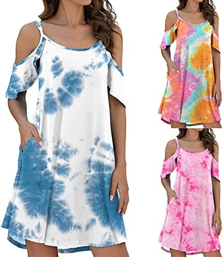 Handyulong lutalенски летен случајн случајна шпагети каиш од сузбење фустан ладно рамо рафли ракави фустани со фустан за џебни замав