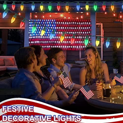 Supernoor 4 -ти јули светла 50 LED, 24 -тина црвена бела и сина светлина батерија управувани со жица светла за патриотски светла