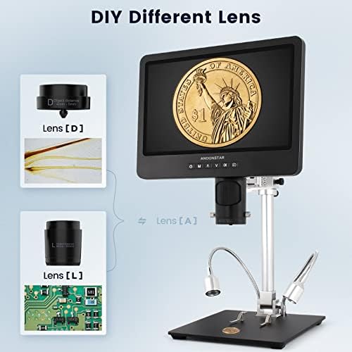 Andonstar 3 леќи AD249SM 2000X 10 инчи HDMI дигитален микроскоп за возрасни, 2160P UHD видео микроскоп, надграден 10,4 инчен метален