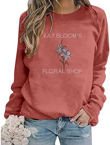 Флорална продавница на Фасгл Лили Блум, женски женски случајни везени кошула со екипаж, симпатична лилјана графичка пулвер, врвот на врвот