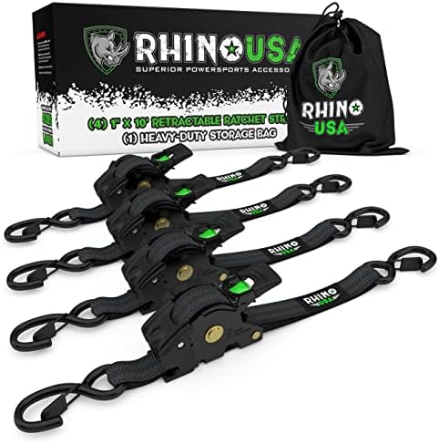 Rhino USA Retractable Ratchet Tie Down Ding Repaps - 1,209lb гарантирана максимална јачина на пауза, вклучува крајна патека