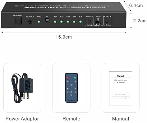Екстрактор на аудио екстрактор на HDMI, IARK 4K@60Hz HDMI аудио екстрактор, 5 во 1 Out HDMI менувач со оптички и 3,5 mm Aux Audio Out, HDMI