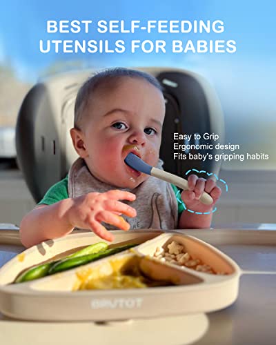 Брвто Хранење Бебе со 1 Силиконска Поделена Вшмукувачка Плоча, 1 Силиконска Лажица, 2 Бамбусови Лажици, 2 Бамбусови Вилушки