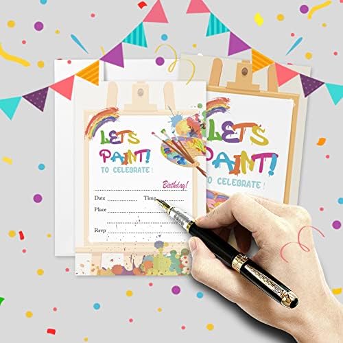 20 сетови Уметничко сликарство забава за роденденски покани со коверти, сликарство тема Ајде да насликаме двострана печатена роденденска забава