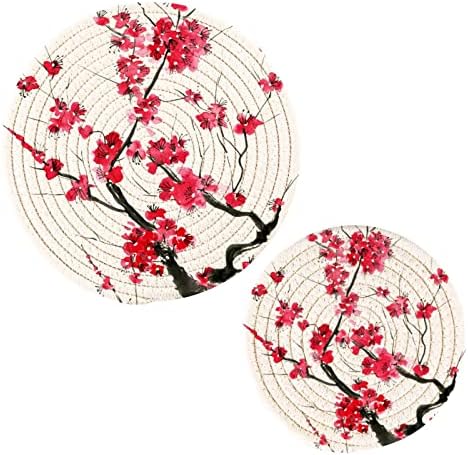 Меи цвеќиња Chinoiserie стил на стилови за жешки садови држачи за тенџере сет од 2 парчиња топли влошки за кујнски отпорни на топлина за