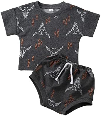 Хонганда 2 парчиња новороденче бебе момче летно облека крава печатена маица бик глава цветачи шорцеви панталони симпатична западна каубојска облека