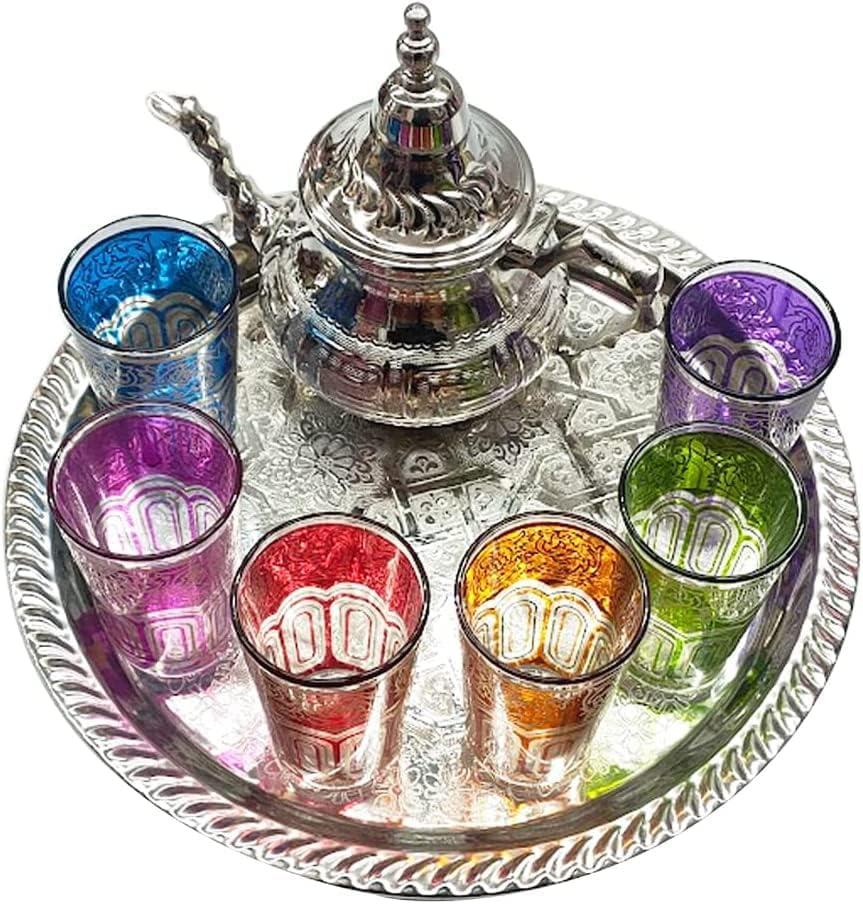 Традиционалниот марокански чај сет комплетен за секојдневна употреба со чајник 350мл без нозе 28 см фиока со 6 очила за очила