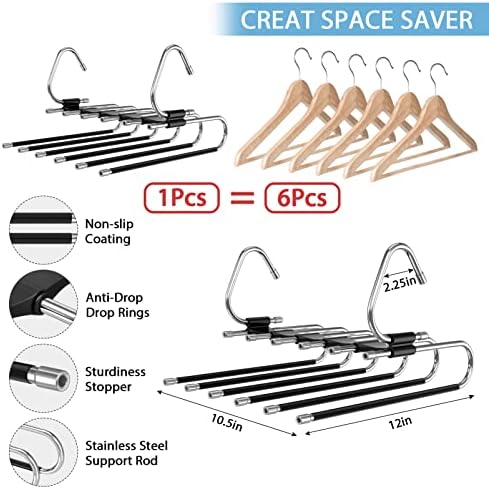 Надградба на 6 слоеви Панталони закачалки за заштеда на простор, 2 пакети не'рѓосувачки челик мултифункционални панталони решетки што не се лизгаат