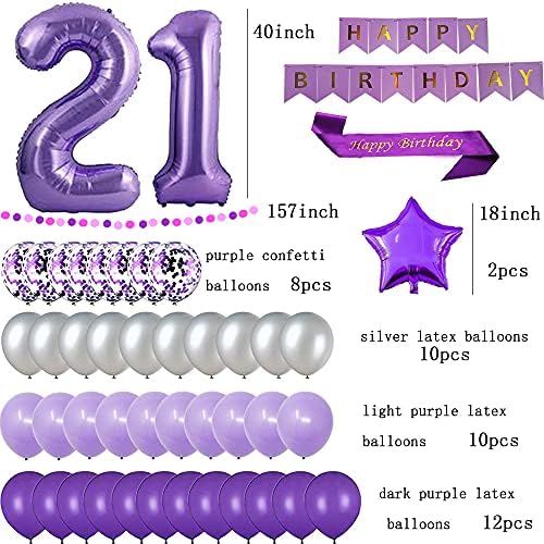 yujiaonly 21 -ви роденденски украси за забави Виолетова среќен роденденски банер Виолетова 40inch број 21 Среќен роденден Балони со латекс