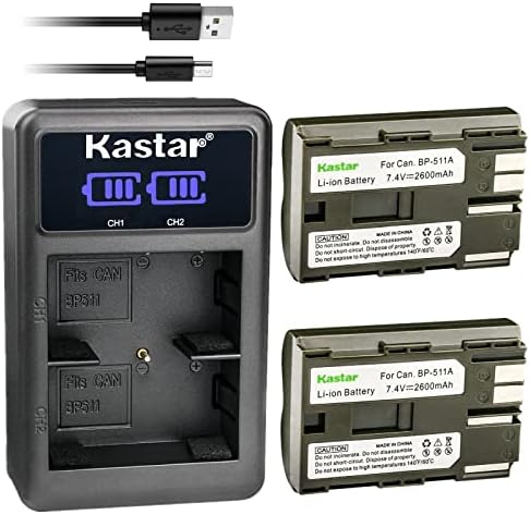 Kastar BP-511A LED2 USB полнач за батерии компатибилен со Canon DM-MV550 MV550 MV550I, DM-MV590 MV590, DM-MV600 MV600 MV600I,