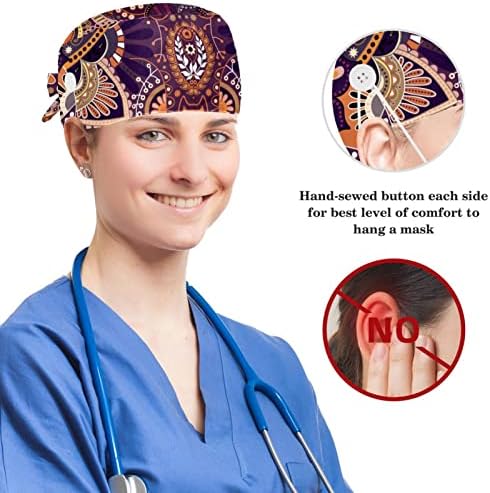 Медицинска медицинска сестра капачиња жени долга коса, цветна шема на Пајсли, прилагодливо работно капаче со копче и лак за коса