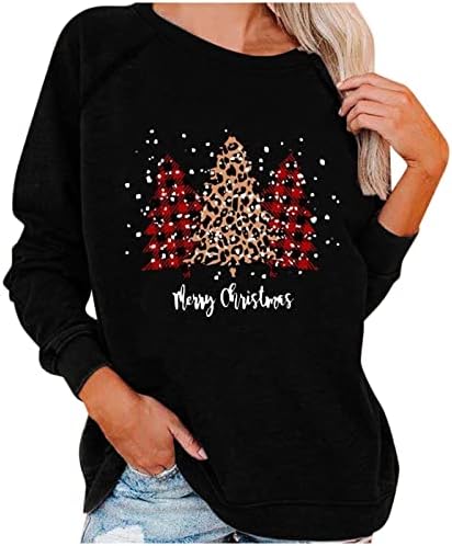 Божиќни кошули на ДСОДАН БЕУУ за жени, женски Божиќни маички за печатење со дрвја со долги ракави врвови на екипажот за пулвер маици