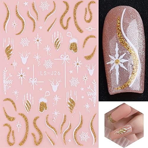 Божиќни налепници за уметност на нокти, сјајни бели златни снегулки за нокти, 3Д само лепила снегулки елк sвончиња XMAS дрво зимски