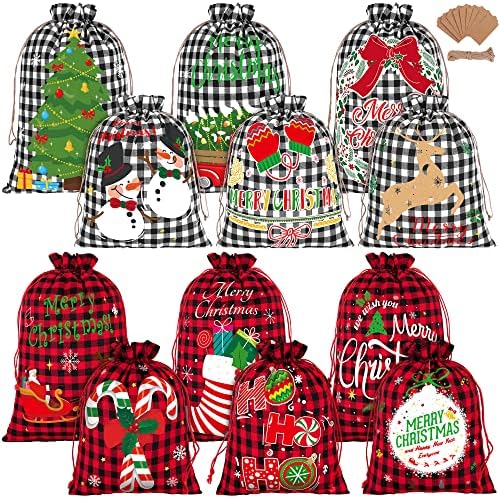 Aneco 12 парчиња Божиќно влечење торба за подароци за еднократно биволско карирано ткаенина со ткаенини со лаптоп, третирајте ги торбите