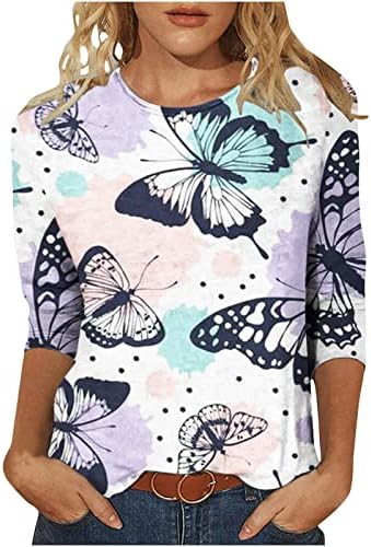 Неонски кошули со пеперутка за жени, лето со лето на екипажот од 3/4 ракави, тинејџерски девојки тенок фит маица фустани слатки блузи врвови на