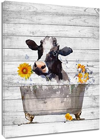 Хвест фарма крава wallид Смешна фарма куќа говеда со сончоглед во када на рустикални штици платно апстрактно сликарство врамени модерни уметнички
