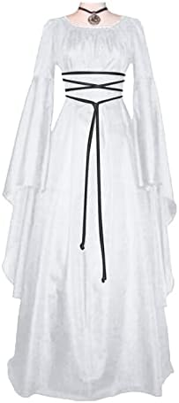 Liangtuohai макси фустан за жени средновековен ретро готски фустан со долги ракави чипка до козмејска вечер забава матурска фустан c78 бела