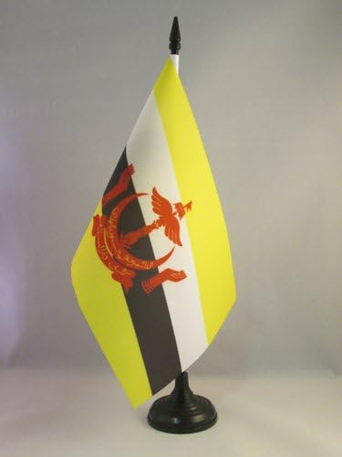 ЗНАМЕ НА Аз Брунеи Знаме на Маса 5 х 8 - Брунејско Биро знаме 21 х 14 см-Црн Пластичен Стап И Основа