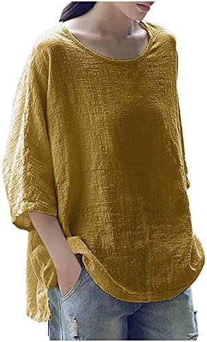 Women'sенски плус големина памучна постелнина врвови 3/4 ракав лабава цврста боја на обична кошула екипа на екипажот удобни блузи од