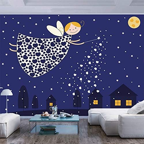 77x55 инчи wallид мурал, девојки деца цртани филмови симпатична самовила во небото, фрлајќи магија над куќите срца starsвезди кораат и лепеат