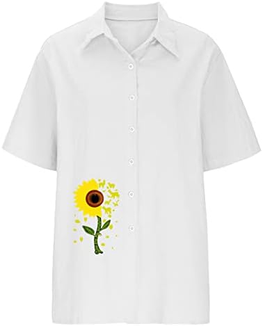 Womenените летни кошула летно копче нагоре кошули со блуза со кратки ракави јаки врвови памучни постелнини цветни работи туники блузи