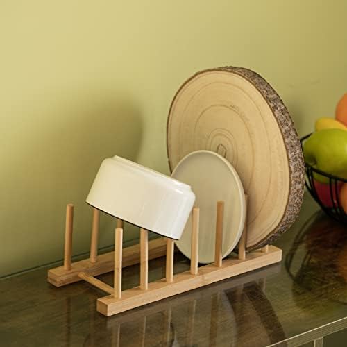 Основен сет од 2 бамбус дрвена сад за садови за садови, решетка за плочи и дренажа за сушење