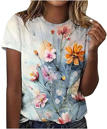 2023 Модни женски симпатични графички маици со екипаж на екипажот на кратки ракави, обични врвови за цвеќиња за цвеќиња од цвеќиња