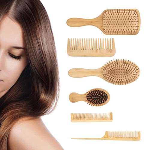Сет за четки за коса од 6 парчиња, бамбус материјал што се разгледува влажна и сува употреба на кадрава коса четка за домашен салон