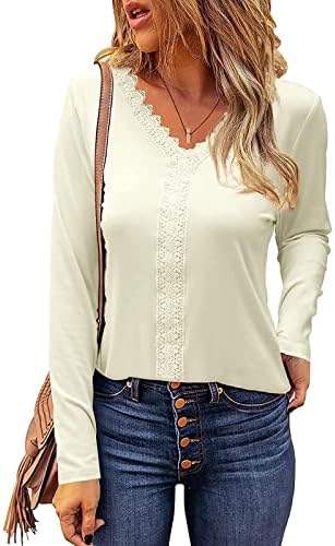 Women'sенски брановиден v врат есен туничен врвови, тенок вклопна цврста обична чипка маица, тенка долга ракав елегантен пулвер