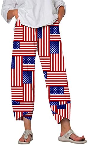 Wocachi харем џемпери за жени, женски постелнини панталони Американско знаме печатено исечени еластични панталони на плажа на половината