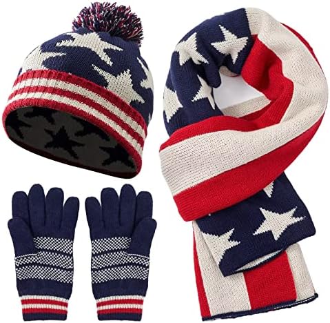 Американски американски знаме starsвезди образец зимски бели шал ракавици на ракави поставени густи ски -капа моден семеен патриотски