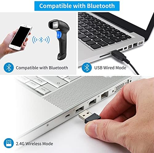 Скенер за баркодови на Bluetooth Bluetooth QR со штанд, 3 во 1 безжичен 1D 2D бар -код скенер USB -слика за бар -код за слики за компјутер, таблет,